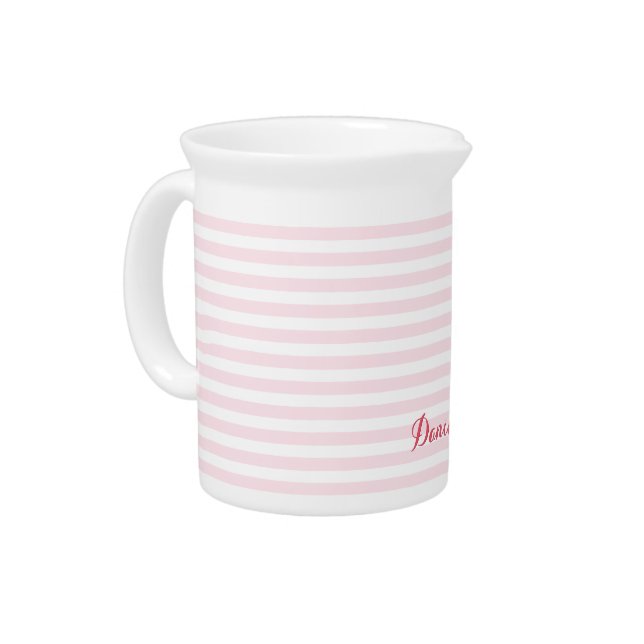 Modern Pink Stripes Elegant Monogrammed Typography Beverage Pitcher (Left)