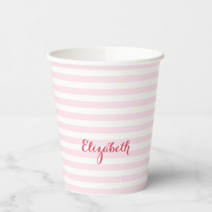 Modern Pink Stripes Elegant Monogrammed Typography Paper Cups