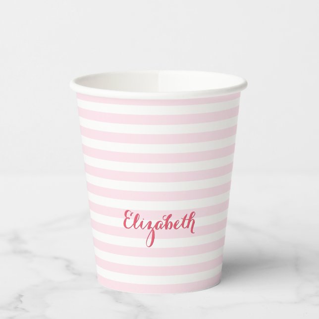 Modern Pink Stripes Elegant Monogrammed Typography Paper Cups (Left)