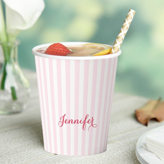 Modern Pink Stripes Elegant Typography Monogrammed Paper Cups (Modern Pink Stripes Elegant Typography Monogrammed Paper Cups)