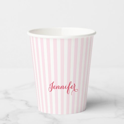 Modern Pink Stripes Elegant Typography Monogrammed Paper Cups