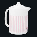 Modern Pink Stripes Elegant Typography Monogrammed Teapot<br><div class="desc">Custom, personalized, elegant dark pink typography script, modern cool chic stylish geometric trendy light pink white stripes pattern background, classy, monogrammed, 100% white porcelain, dishwasher safe, microwave safe, teapot. Simply type in your name / kids name / family name / company name, to customize. Makes a great gift for birthday,...</div>