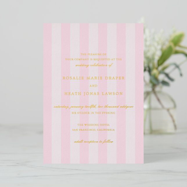 Modern Pink Stripes Elegant Wedding Foil Invitation (Standing Front)