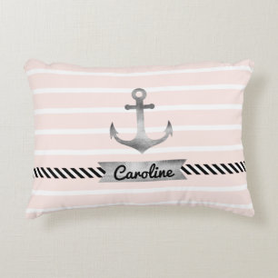 Modern Pink Stripes Gray Anchor Personalized Accent Pillow