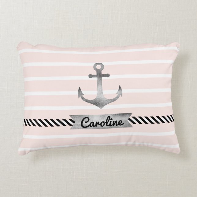 Modern Pink Stripes Gray Anchor Personalized Accent Pillow (Front)