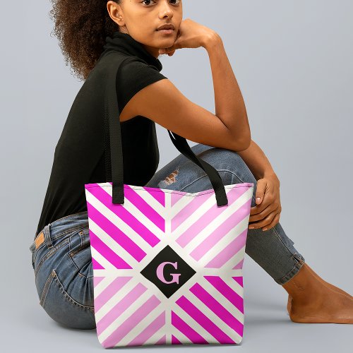 Modern Pink Stripes Initial Tote Bag