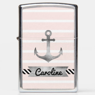 Modern Pink Stripes Nautical Anchor Personalized Zippo Lighter