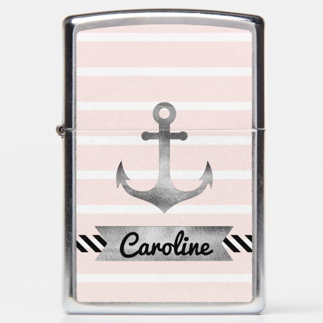Modern Pink Stripes Nautical Anchor Personalized Zippo Lighter (Front)