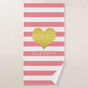 Modern Pink Stripes Pattern Name Bath Towel Set