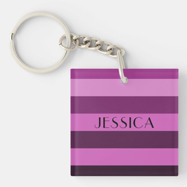Modern Pink Stripes Pattern Name Keychain (Front)
