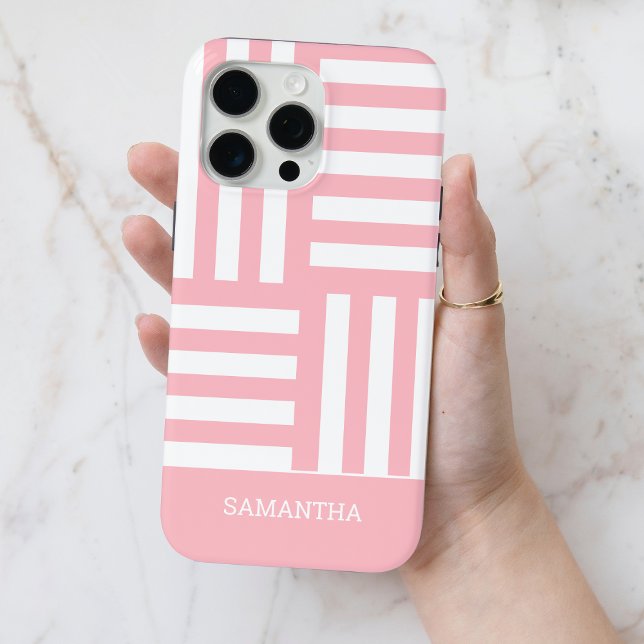 Modern Pink Stripes White Custom Name Simple Chic Case-Mate iPhone Case (Modern Pink Stripes White Custom Name Simple Chic Case-Mate iPhone Case)
