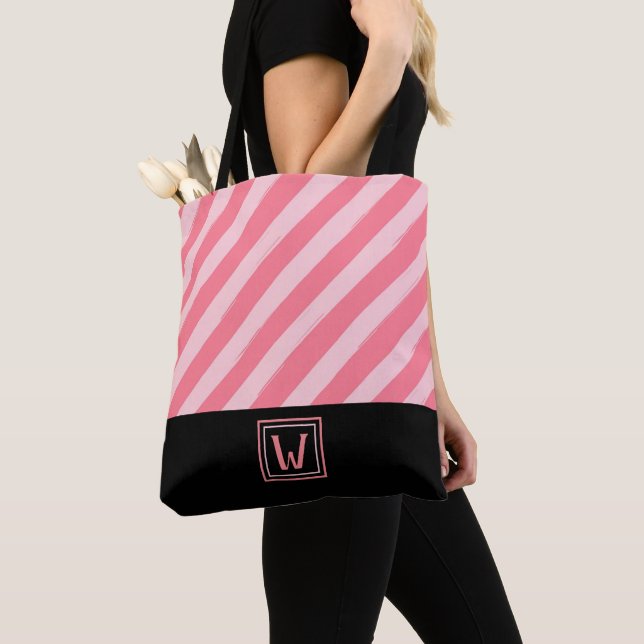 Modern Pink Stripes with Elegant Monogram Tote Bag (Close Up)