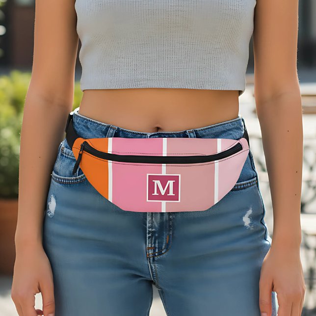 Modern pink Stripes with Monogram Fanny Pack (girly pink stripes fanny pack with monogram)