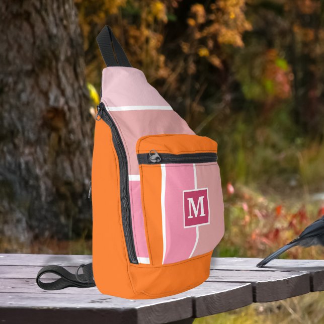 Modern pink Stripes with Monogram Sling Bag (sling bag with monogram in pink and orange)
