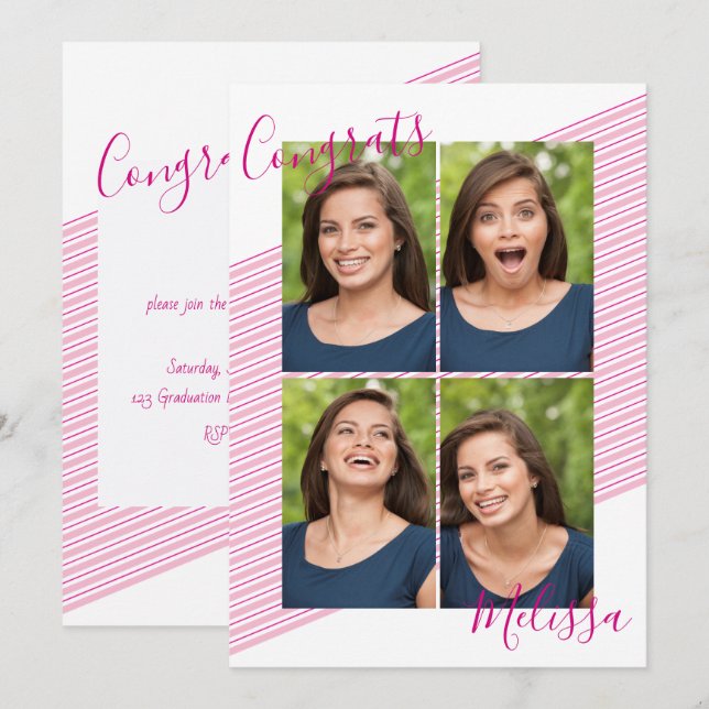 Modern Pink Stripped Graduation Photo Invitations (Front/Back)