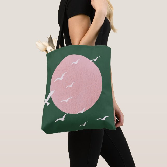 Modern Pink Sun & Birds Minimalist Art Tote Bag (Close Up)