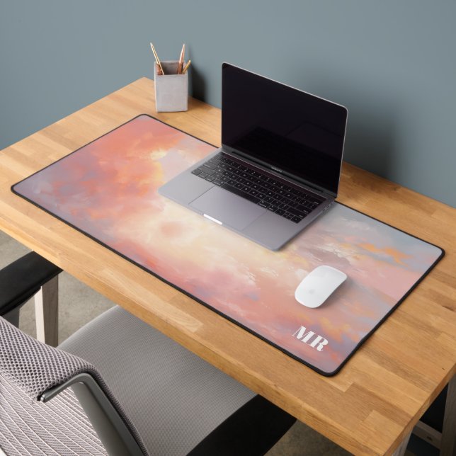 Modern Pink Sunset Clouds Sky Custom Monogram Desk Mat (Office 2)