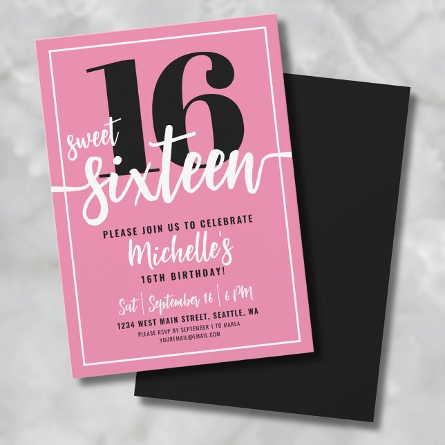 Modern Pink Sweet Sixteen 16th Birthday Party Invitation (Modern Chic Pink Sweet Sixteen 16th Birthday Party Invitation)