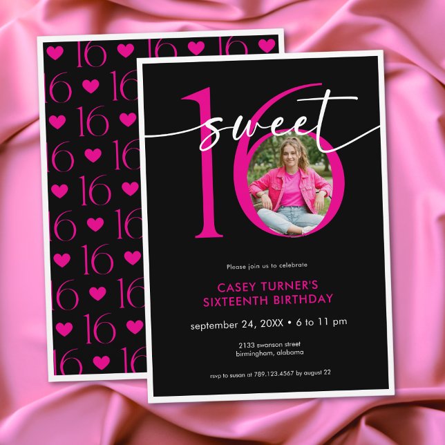 Modern Pink Sweet Sixteen Script Photo Birthday Invitation (Modern Pink Sweet Sixteen Script Photo Birthday Invitation)