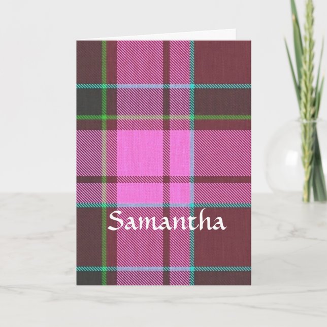 Modern pink tartan personalized note card (Front)