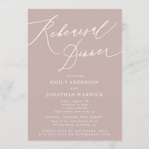 Modern Pink Taupe Calligraphy Rehearsal Dinner Invitation