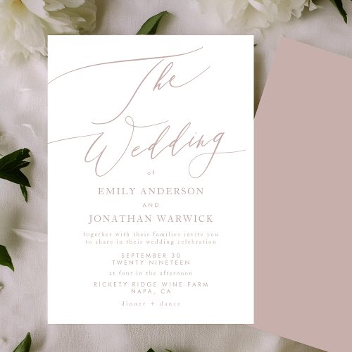 Modern Pink Taupe Calligraphy Simple Wedding Invitation