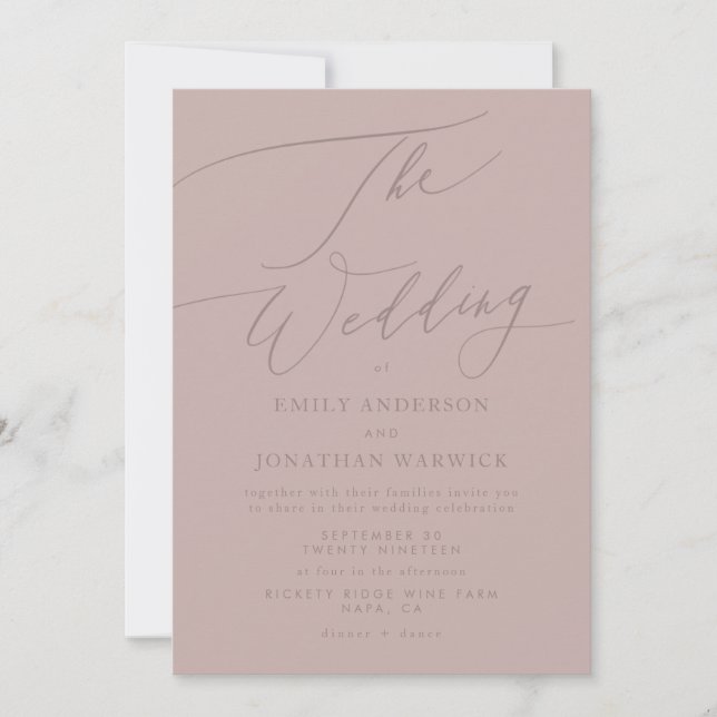 Modern Pink Taupe Simple Calligraphy Wedding Invitation (Front)