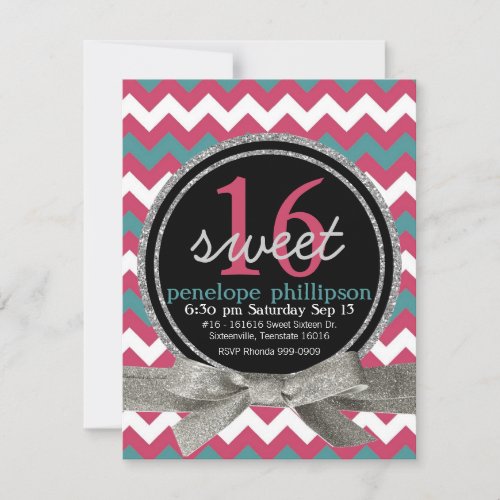 Modern Pink Teal Chevron Girly Sweet 16 Invitations