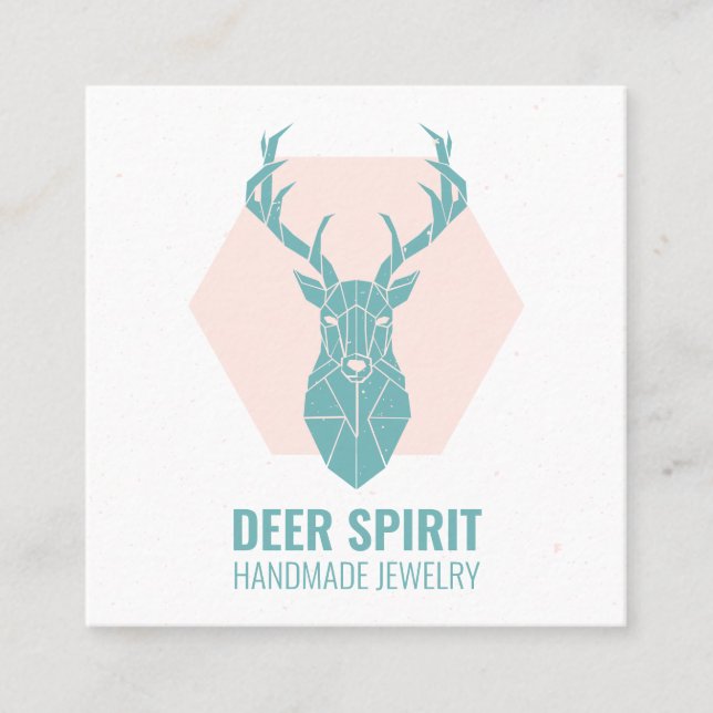 Modern pink teal geometric deer antlers jewelry square business card (Front)