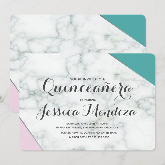 Modern Pink Teal Marble Quinceañera Sweet 15 Invitation (Front/Back)