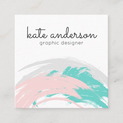 Modern pink teal minimal abstract brushstrokes square business card