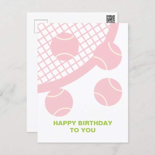 Modern Pink Tennis Ball Racket Happy Birthday Postcard