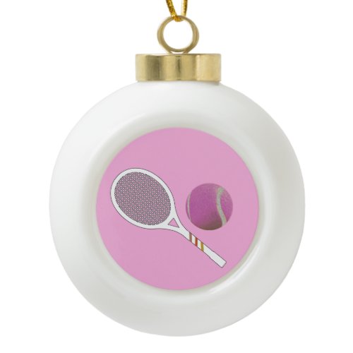 Modern Pink Tennis Ball Retro Racket   Ceramic Ball Christmas Ornament