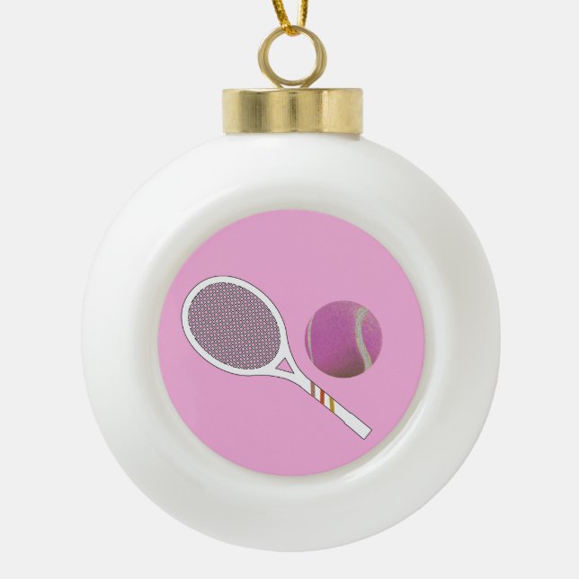 Modern Pink Tennis Ball Retro Racket   Ceramic Ball Christmas Ornament (Front)