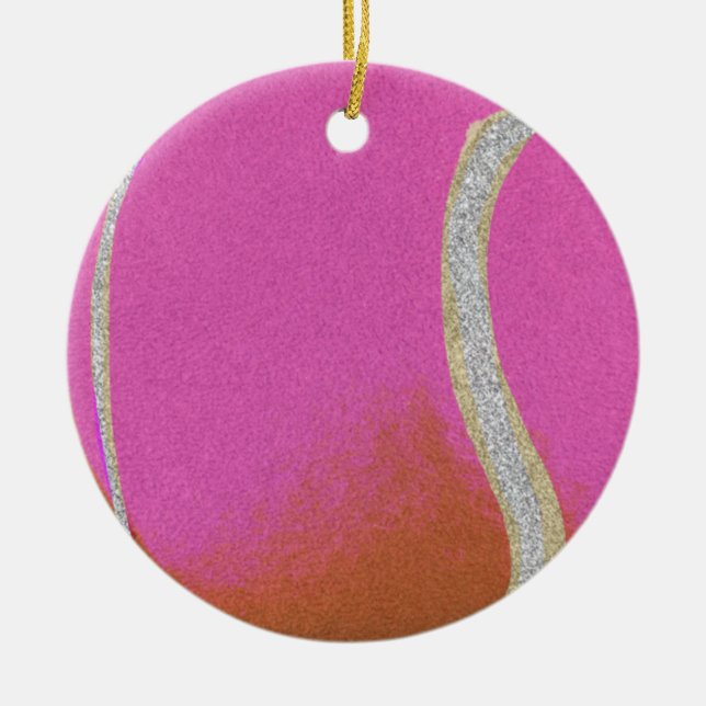 Modern Pink Tennis Ball With Faux Glitter Line   Ceramic Ornament (Front)
