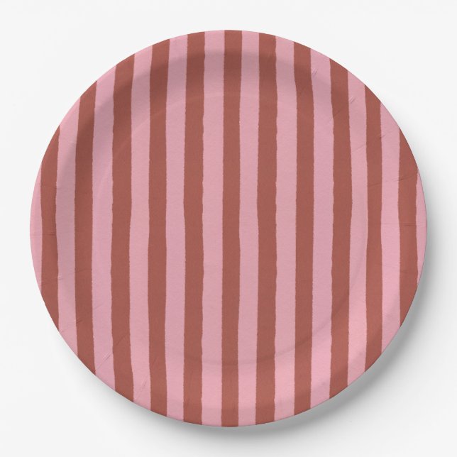 Modern Pink & Terracotta Vertical Stripes Pattern Paper Plates (Front)