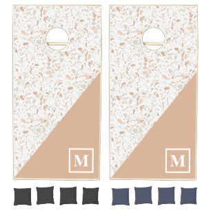 Modern Pink Terrazzo Marble Monogram Cornhole Set