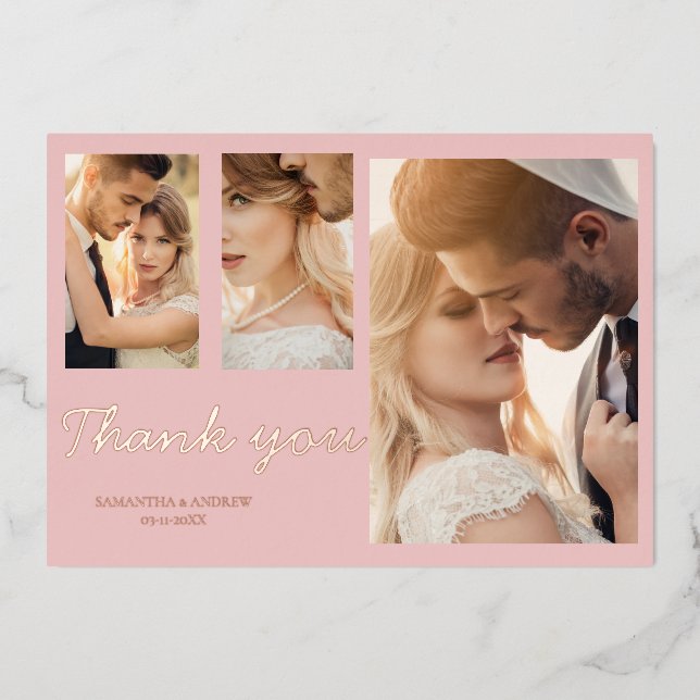 Modern pink thank you 4 photo wedding invitation foil invitation (Front)