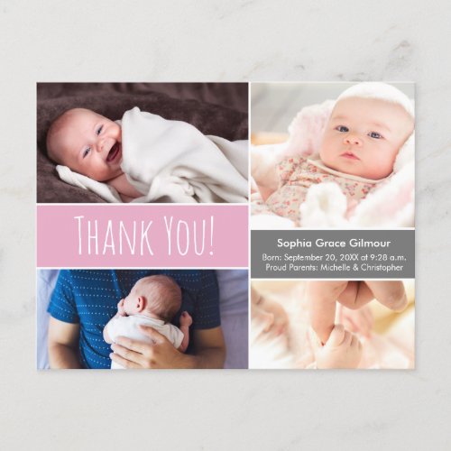 Modern Pink Thank you Baby Girl photo Collage Announcement Postcard