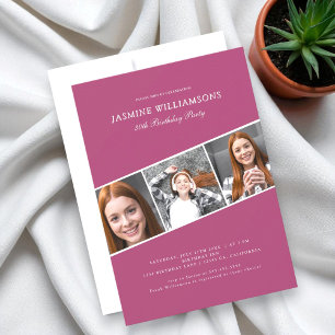 Modern pink three photo collage birthday  invitation