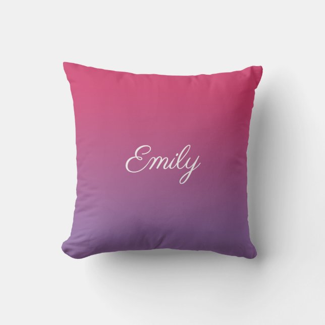Modern Pink to Purple Gradient White Script Name Throw Pillow (Front)