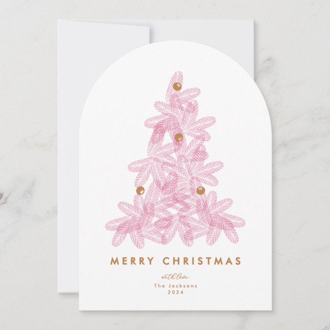 Modern Pink Tree photo Merry Christmas Arch Card (Front)