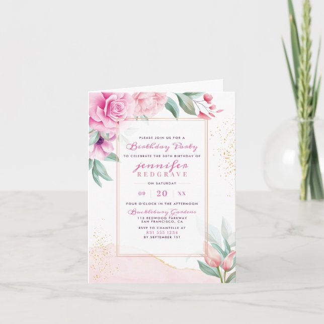 Modern Pink Trendy Blooms Floral Birthday Party Invitation (Front)