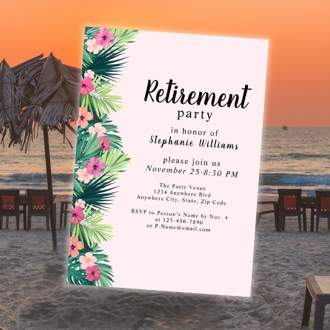 Modern Pink Tropical Flower Retirement Party Invitation (Creator Uploaded)