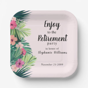 Modern Pink Tropical Flower Retirement Party Paper Plates