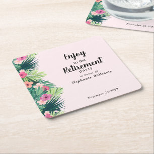 Modern Pink Tropical Flower Retirement Party Square Paper Coaster