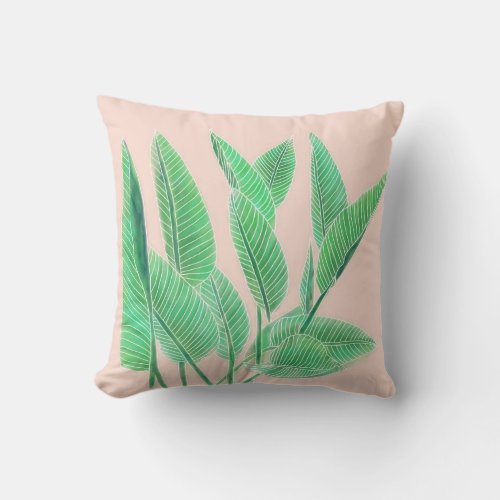 Modern pink tropical green watercolor leaf throw pillow