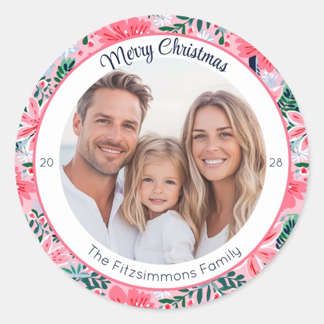 Modern Pink Tropical Holiday Botanical Photo Classic Round Sticker (Front)