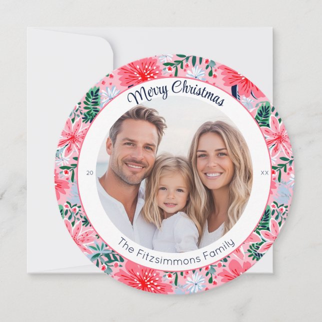 Modern Pink Tropical Holiday Floral Photo Card (Front)