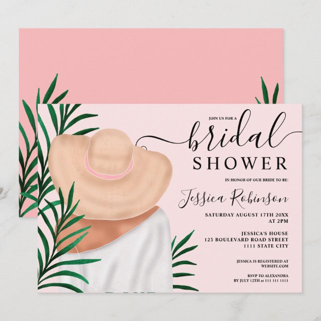 Modern pink tropical illustration bridal shower invitation (Front/Back)